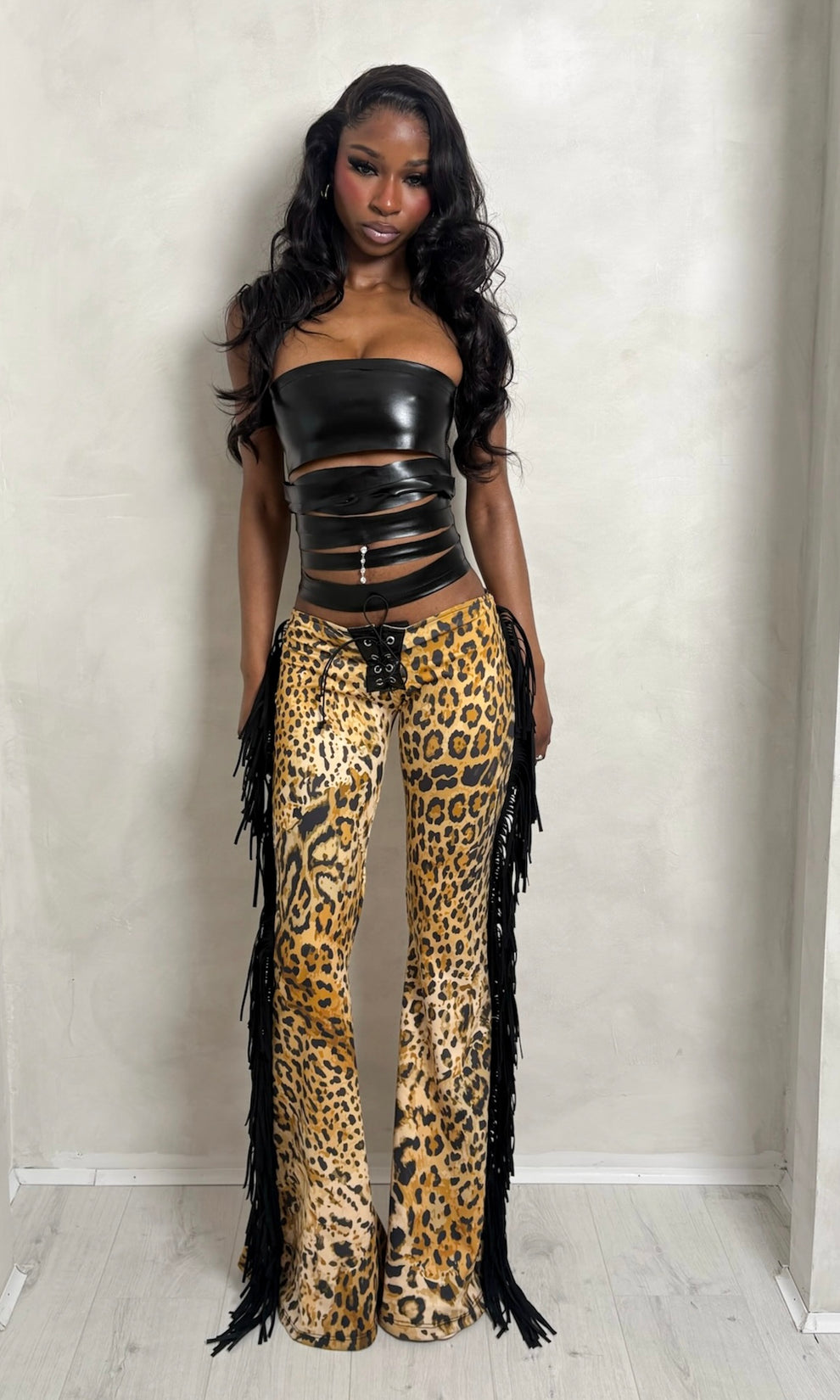 Leopard-print fringed pants