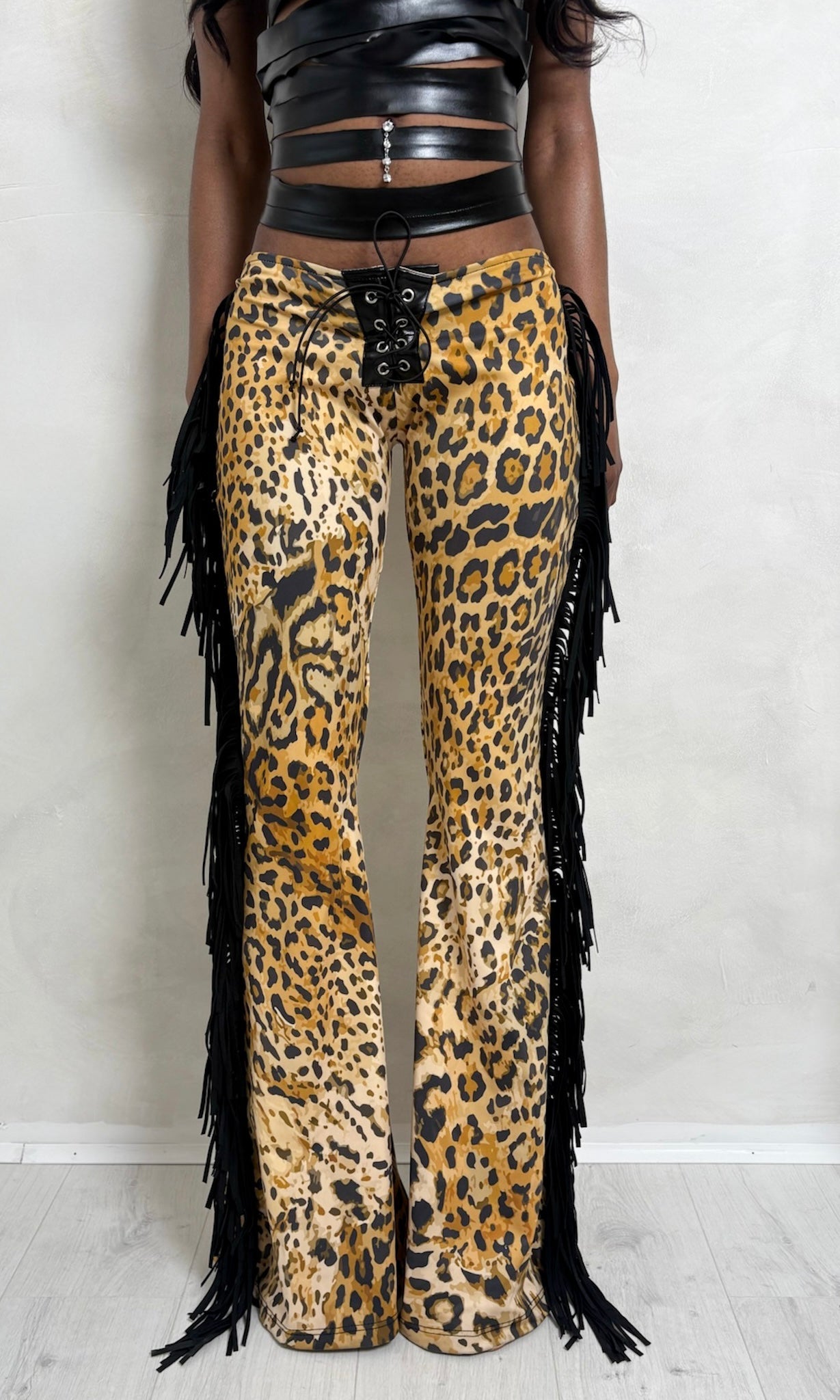Leopard-print fringed pants