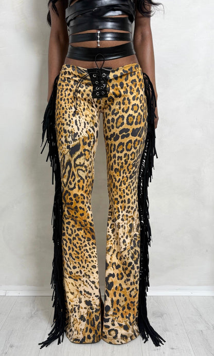 Leopard-print fringed pants