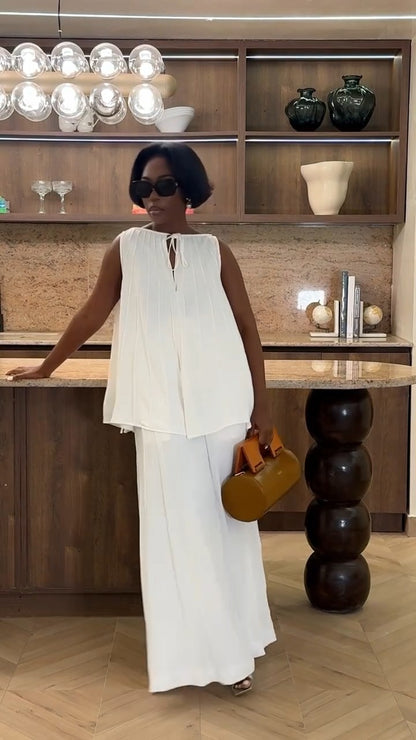 Pleated loose-fit top + wide-leg pants set