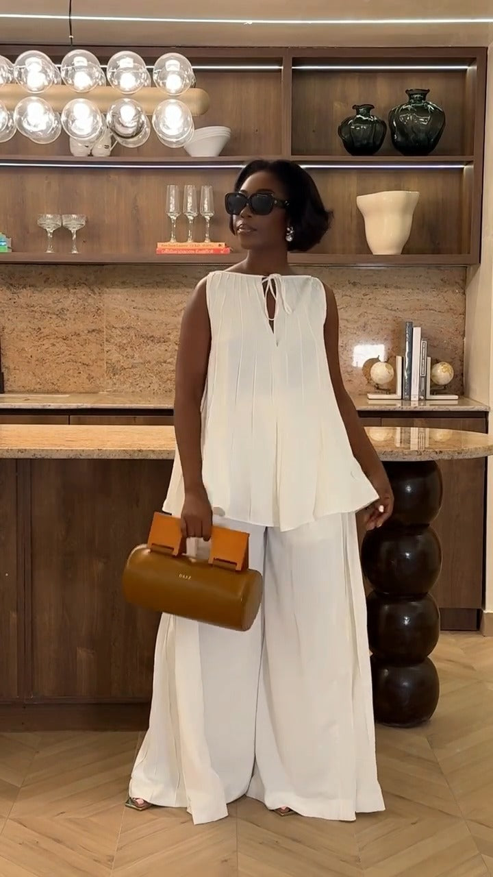 Pleated loose-fit top + wide-leg pants set