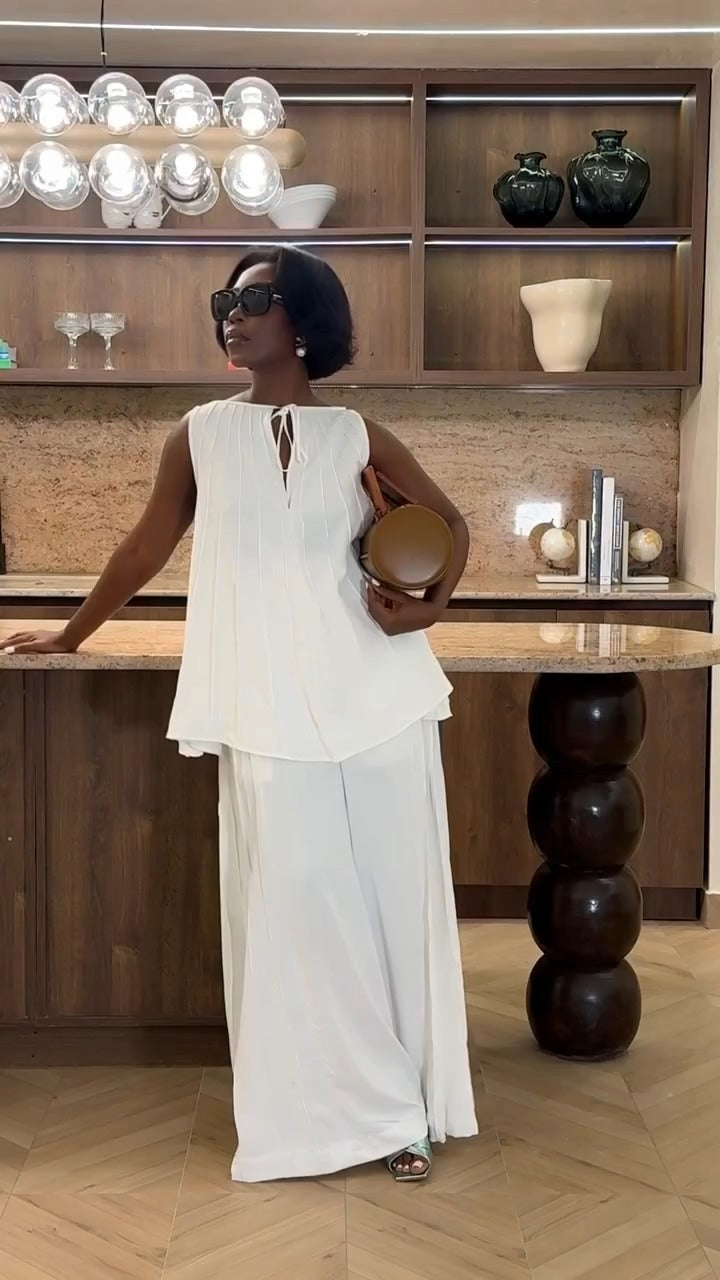 Pleated loose-fit top + wide-leg pants set
