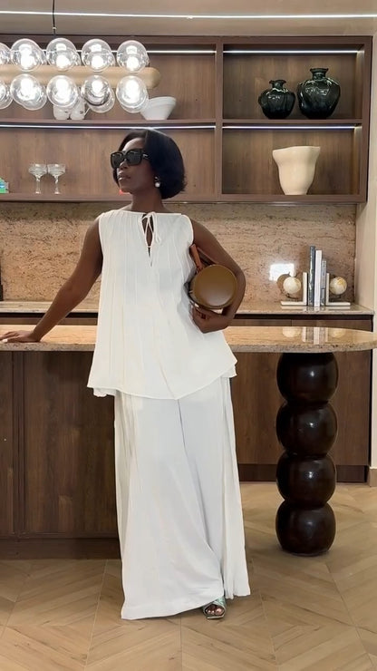 Pleated loose-fit top + wide-leg pants set