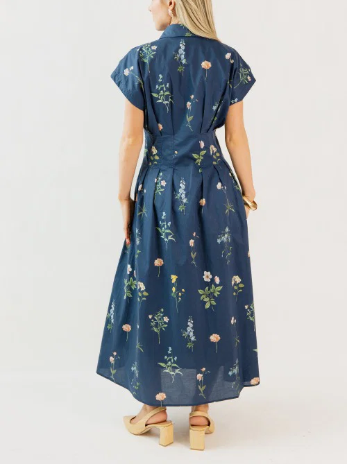 Pleated Floral Midi Dress, Navy Mix