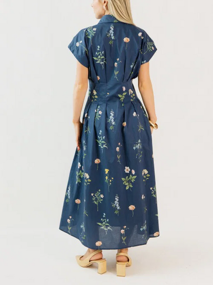 Pleated Floral Midi Dress, Navy Mix