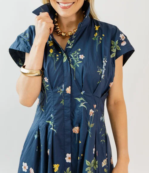 Pleated Floral Midi Dress, Navy Mix