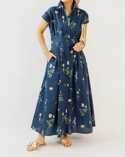 Pleated Floral Midi Dress, Navy Mix