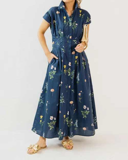 Pleated Floral Midi Dress, Navy Mix