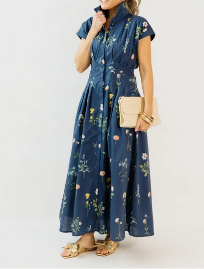 Pleated Floral Midi Dress, Navy Mix