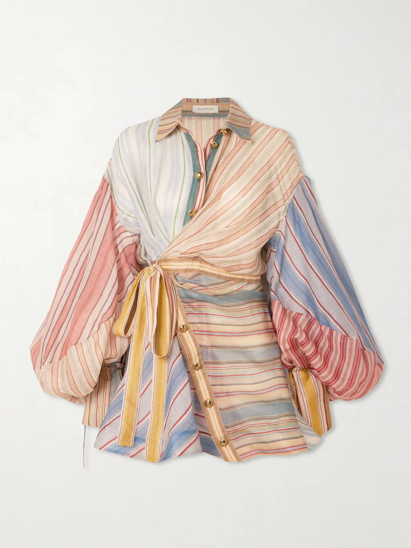 Rebellion patchwork striped linen and silk-blend voile mini wrap dress