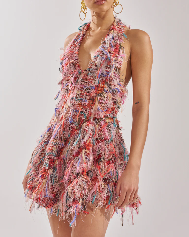 Fringe Mesh Mini Dress In Pink
