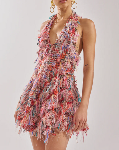 Fringe Mesh Mini Dress In Pink