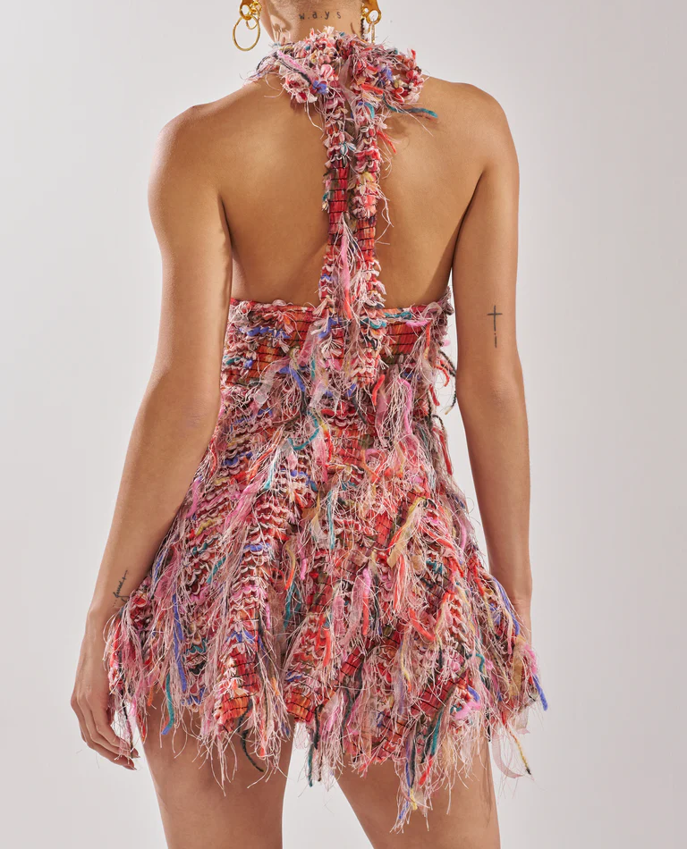 Fringe Mesh Mini Dress In Pink