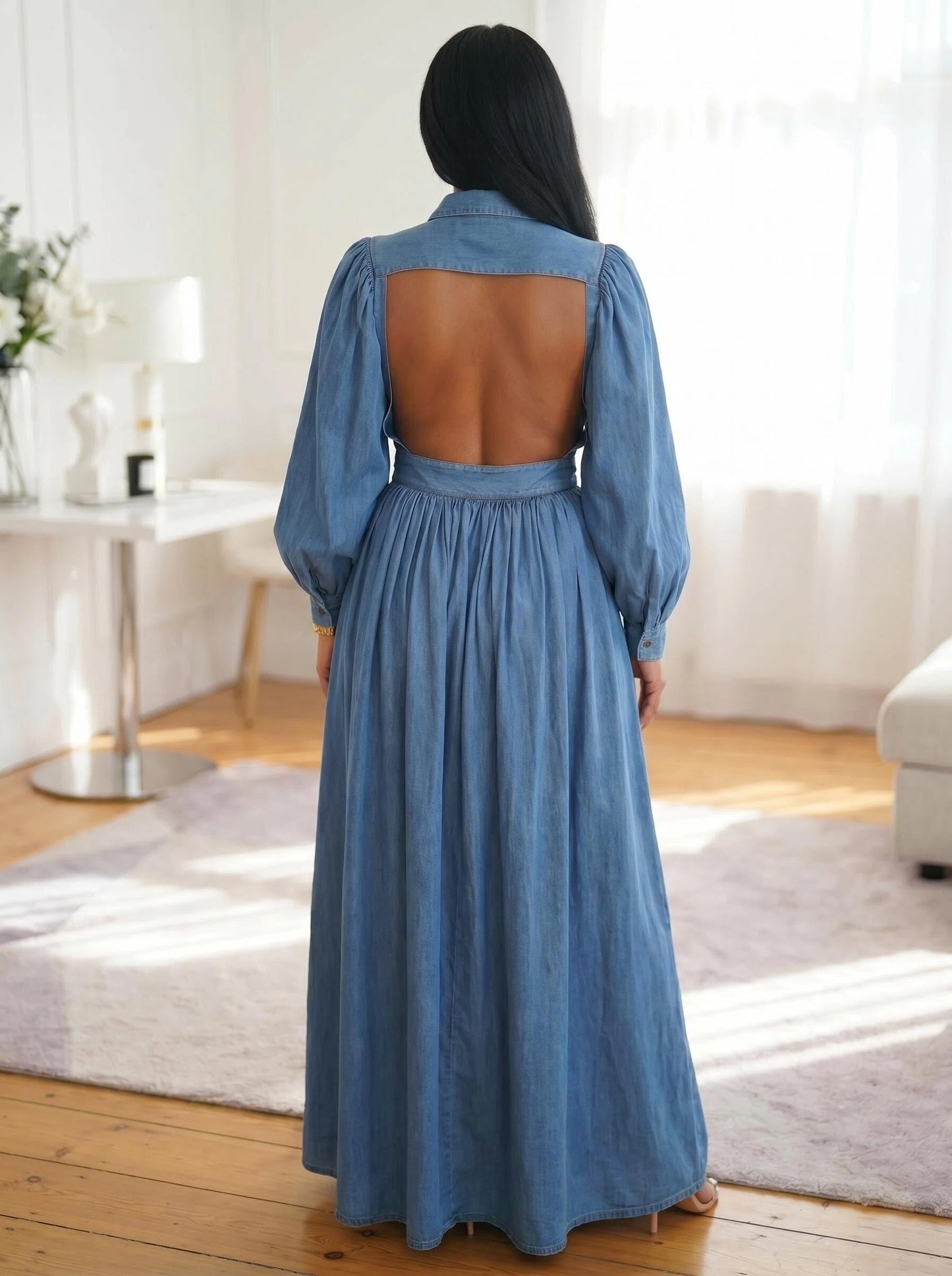 Denim Button-Front Backless Dress