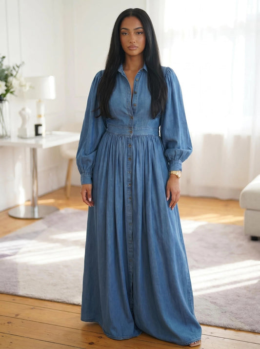 Denim Button-Front Backless Dress