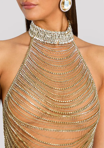 Diamond-Embellished layered mesh dress