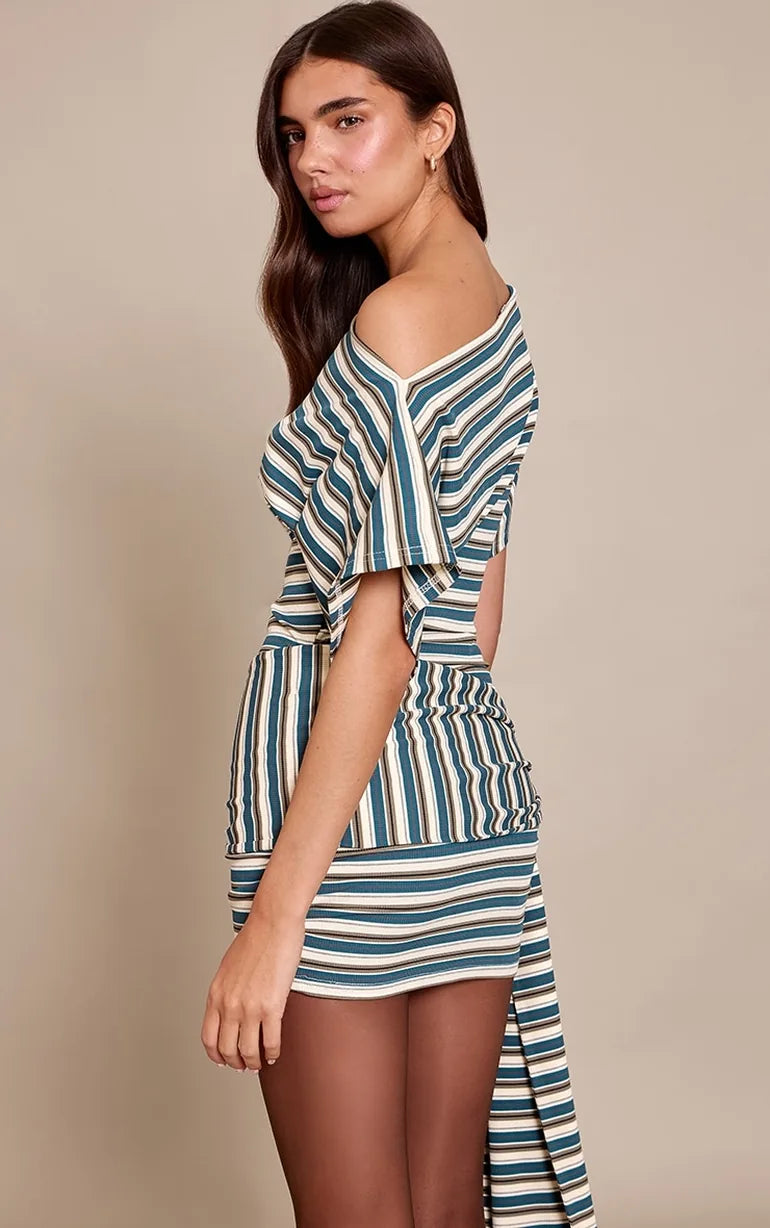 Khaki Contrast Striped Tie Waist Bodycon Dress
