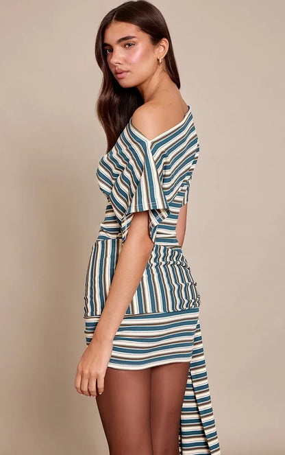 Khaki Contrast Striped Tie Waist Bodycon Dress