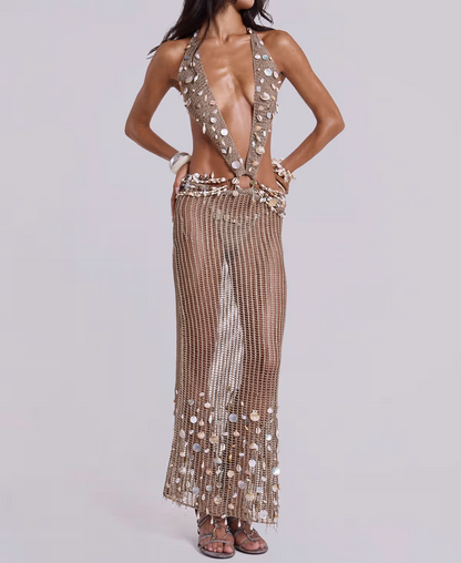 Backless Crochet Maxi Dress with Shells