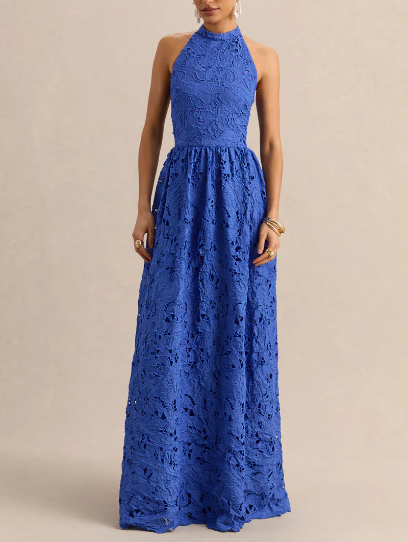 Dark Blue Broderie Halter Maxi Dress
