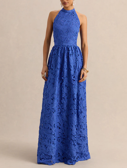 Dark Blue Broderie Halter Maxi Dress