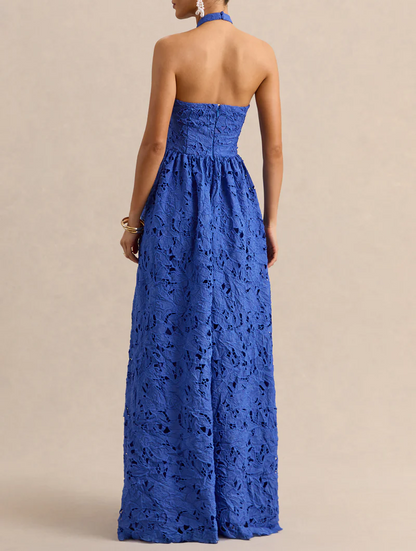 Dark Blue Broderie Halter Maxi Dress