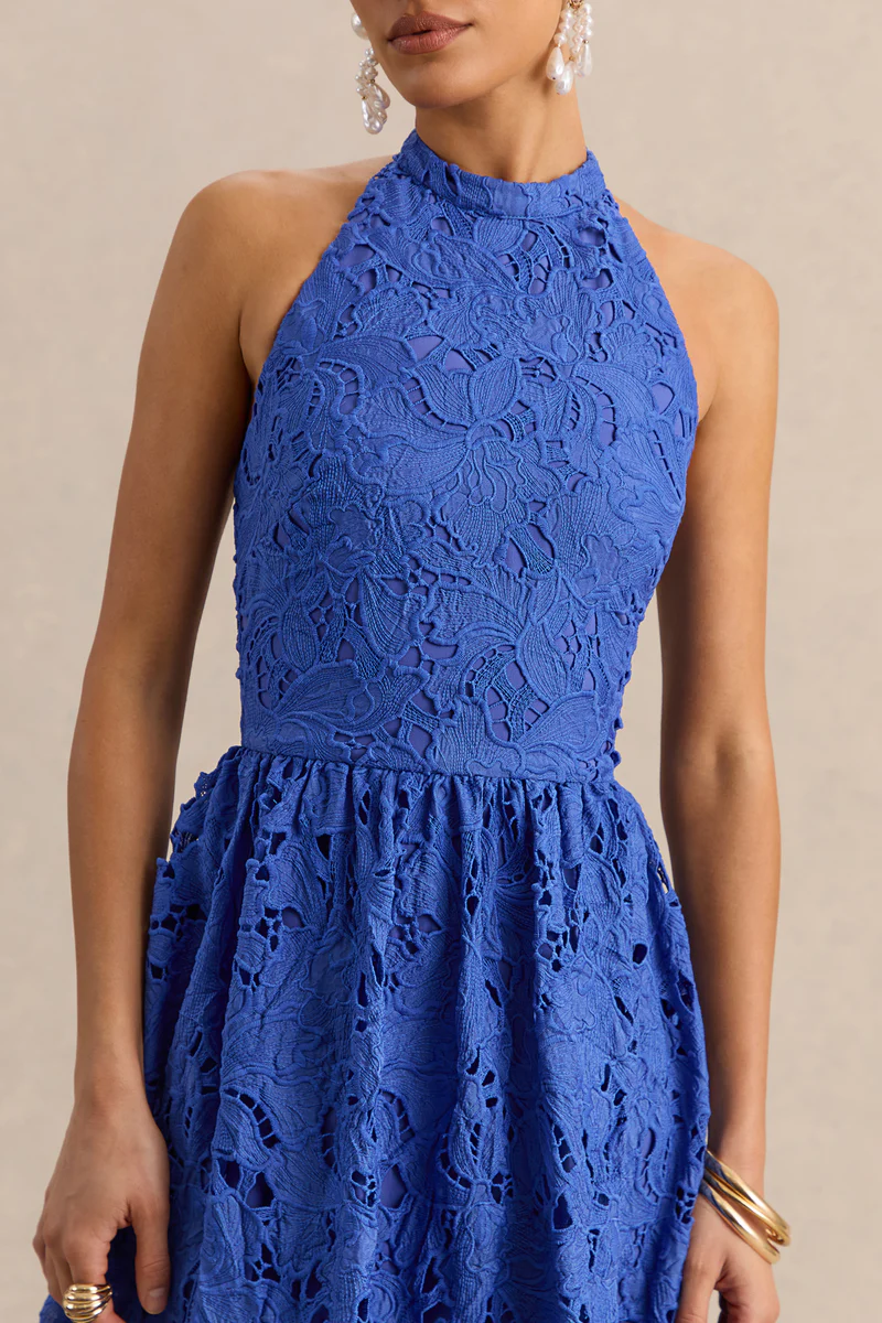 Dark Blue Broderie Halter Maxi Dress