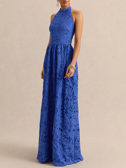 Dark Blue Broderie Halter Maxi Dress