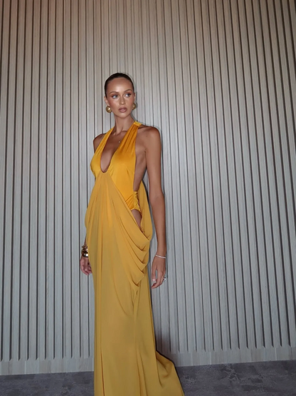Halter neck deep V backless dress with drape