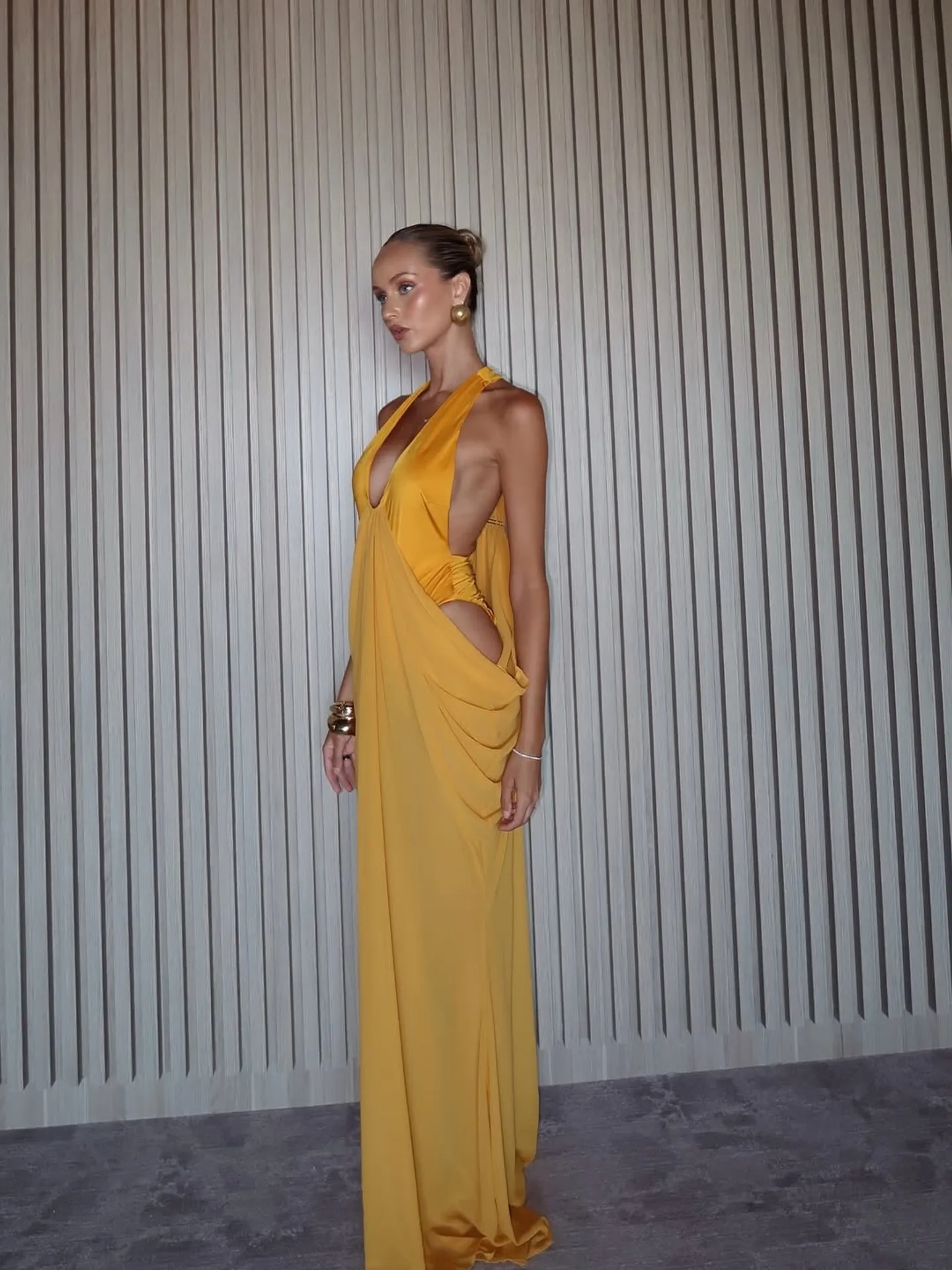 Halter neck deep V backless dress with drape