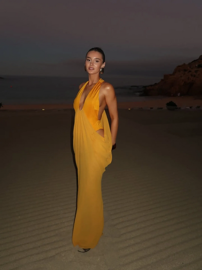 Halter neck deep V backless dress with drape