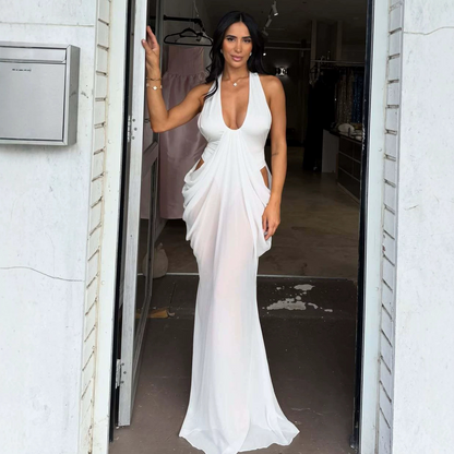 Halter neck deep V backless dress with drape