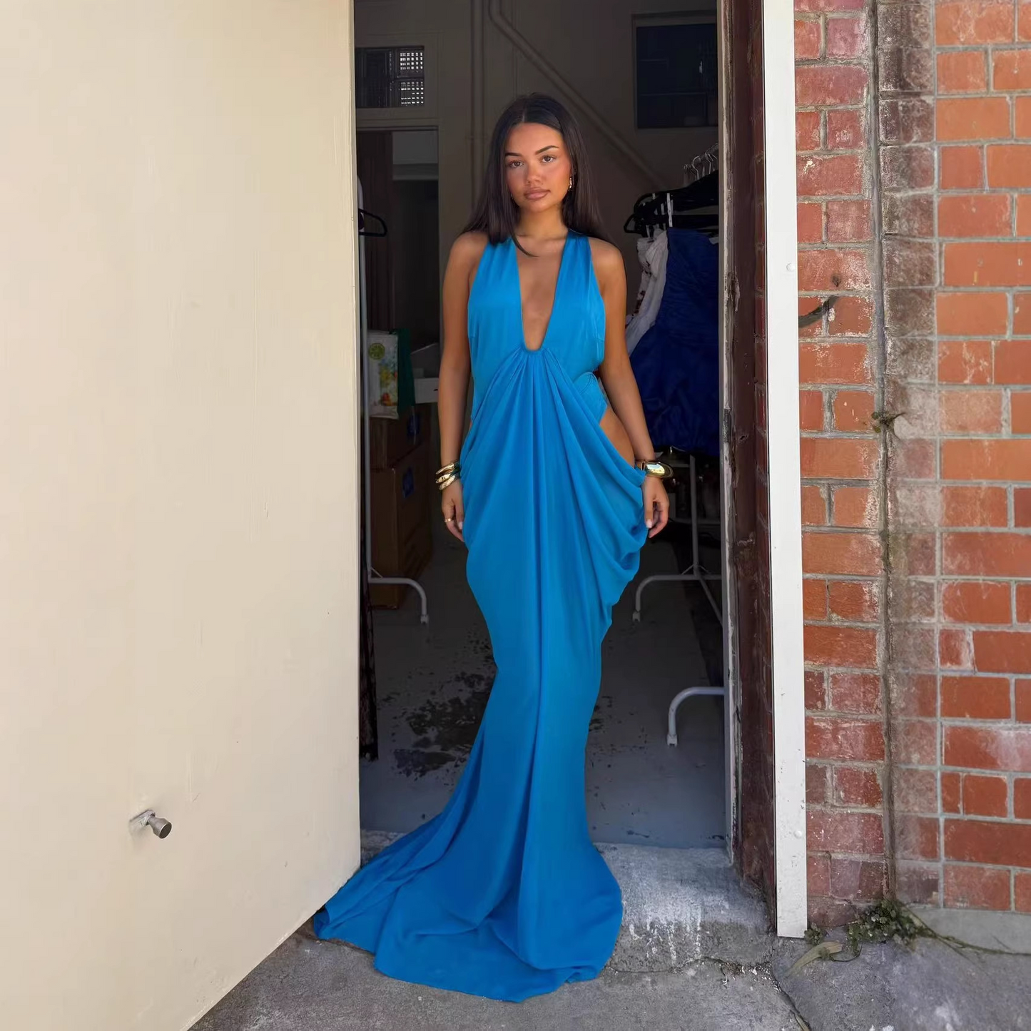 Halter neck deep V backless dress with drape
