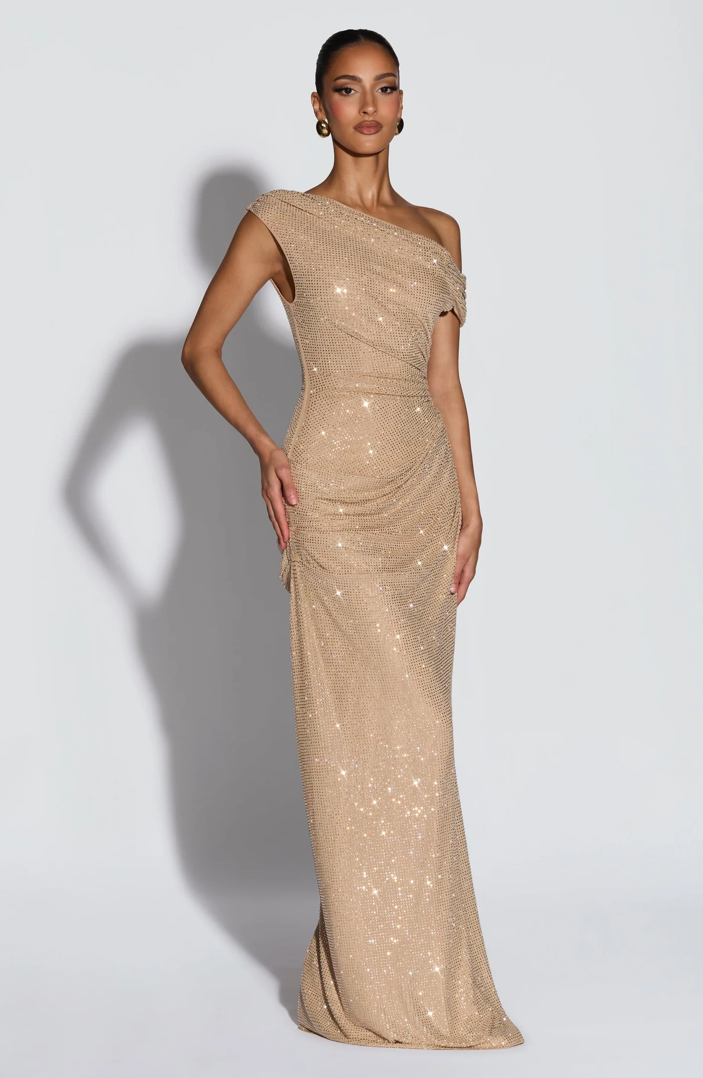 One-Shoulder Pleated Rhinestone Dress