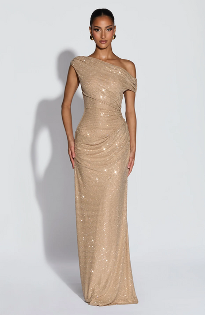 One-Shoulder Pleated Rhinestone Dress