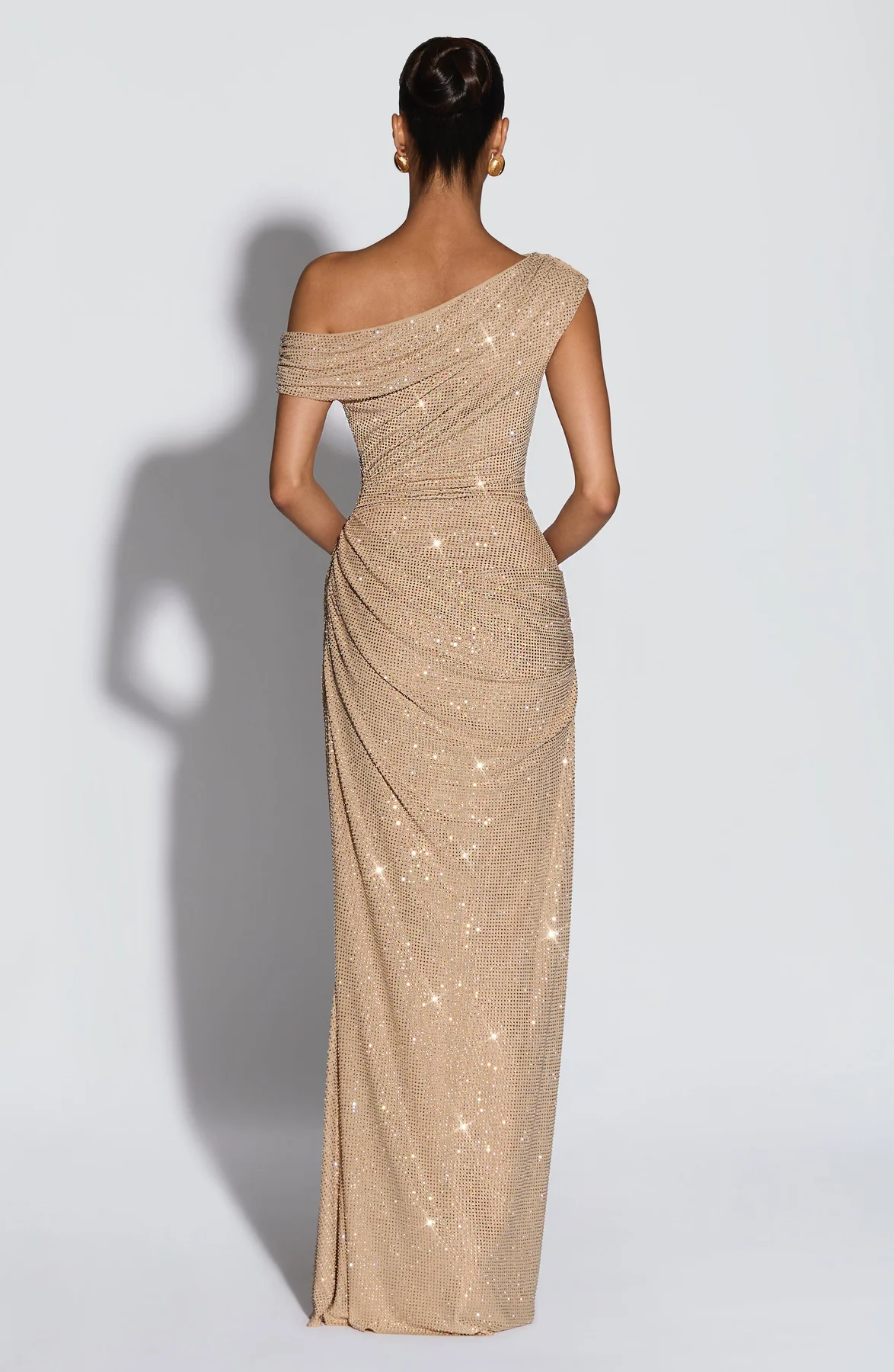 One-Shoulder Pleated Rhinestone Dress