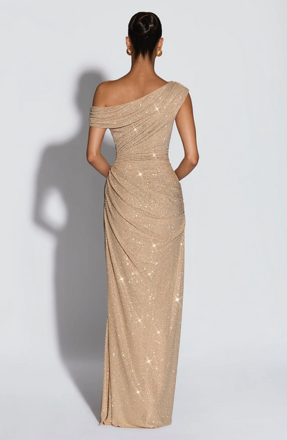 One-Shoulder Pleated Rhinestone Dress