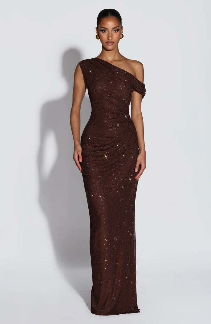 One-Shoulder Pleated Rhinestone Dress