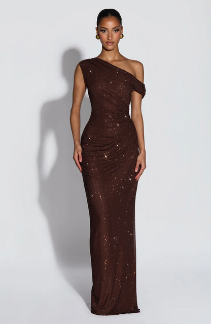 One-Shoulder Pleated Rhinestone Dress