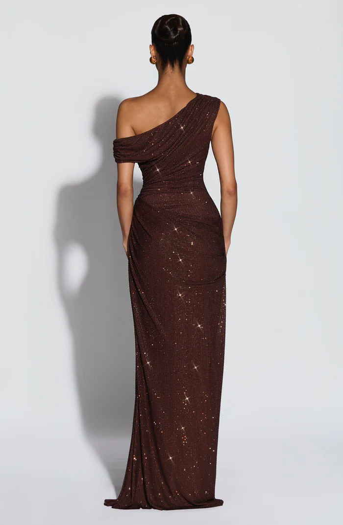 One-Shoulder Pleated Rhinestone Dress