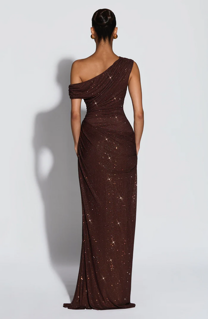 One-Shoulder Pleated Rhinestone Dress