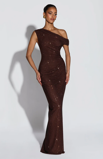 One-Shoulder Pleated Rhinestone Dress