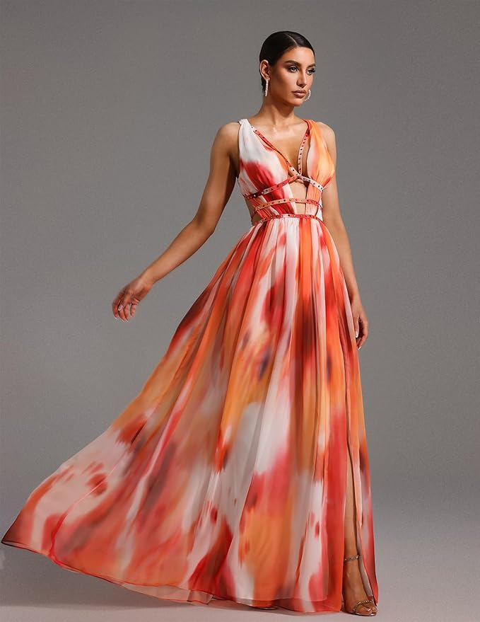 Deep V Chiffon Dress Maxi Dress