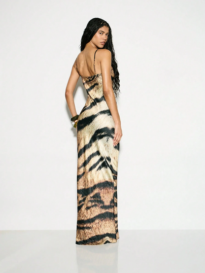 Tiger Print Lace Trim Slip Evening Maxi Dress