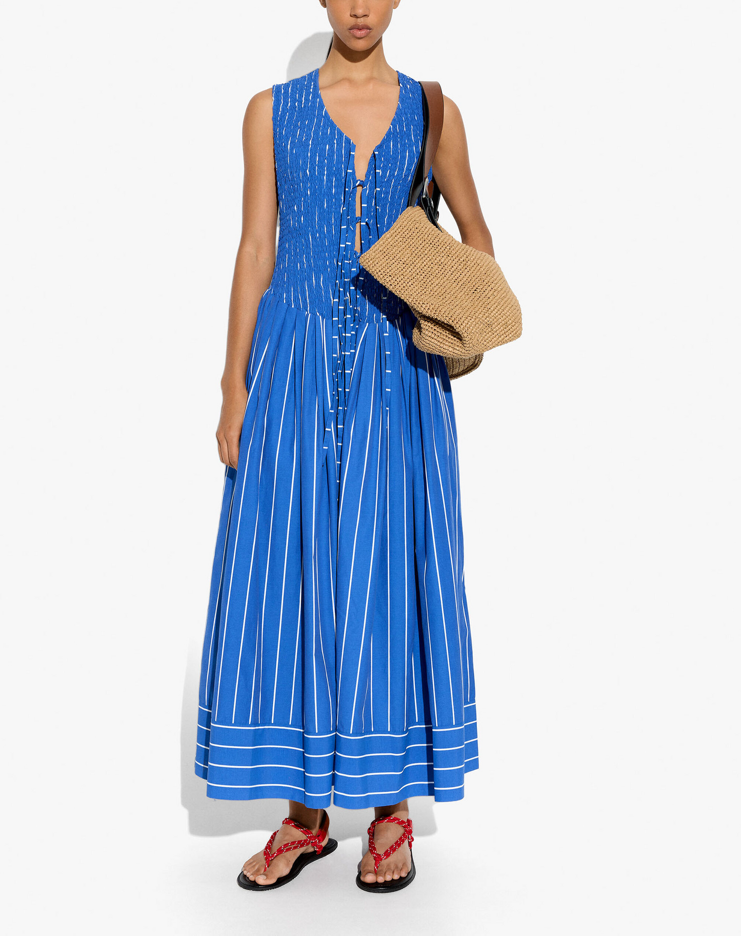 Striped pleated maxi dress