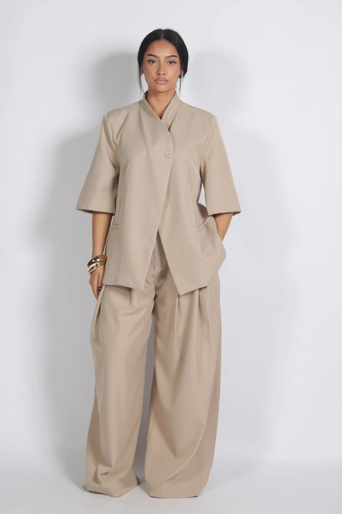 Casual Asymmetrical Top + Pleated Pants Set