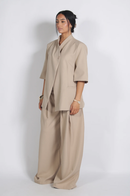 Casual Asymmetrical Top + Pleated Pants Set