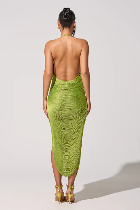 FRINGE HIGH SLIT MIDI DRESS