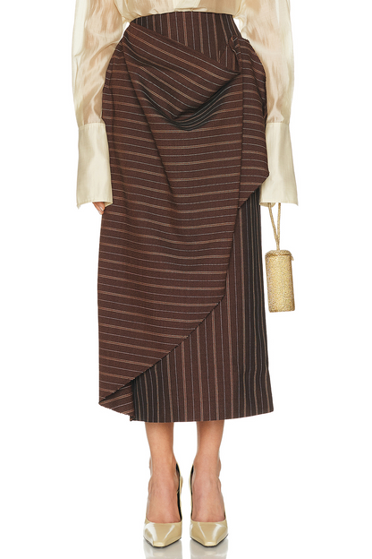 Stand-up collar shirt + pleated asymmetrical skirt