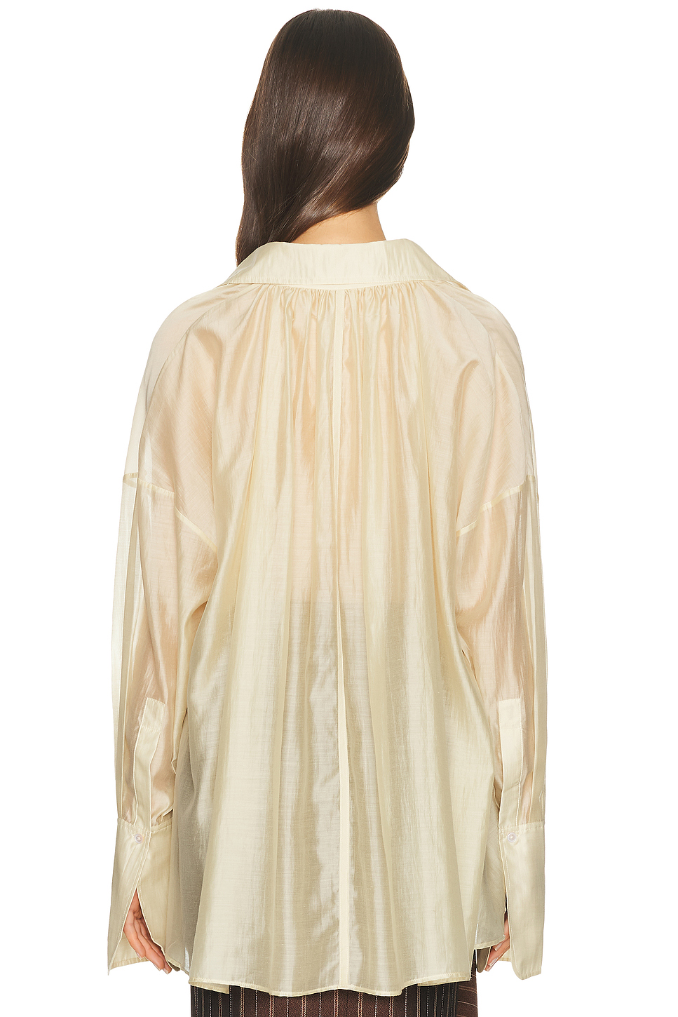 Stand-up collar shirt + pleated asymmetrical skirt